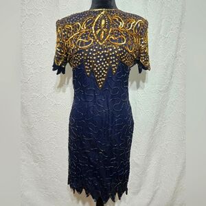Elegant Navy and Gold Embellished Dress Vintage Beaded Size Medium